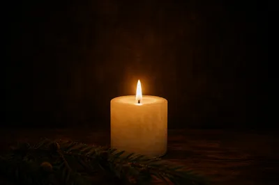 Burning Candle in Quiet Evergreen Darkness