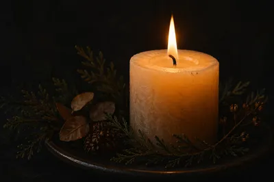 Burning Candle with Evergreen in Darkness