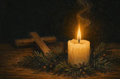 Evergreen Candle of Quiet Winter Faith