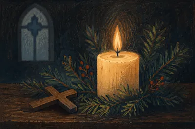 Burning Candle with Evergreen and Wooden Cross