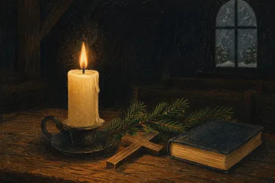 Burning Candle with Cross and Evergreen