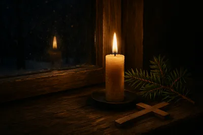 Burning Candle with Evergreen and Wooden Cross