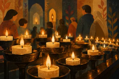 Glowing Votive Candles in Quiet Sanctuary