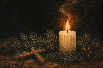 Burning Candle with Evergreen Faith Cross