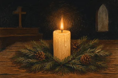 Candle of Faith in Evergreen Stillness