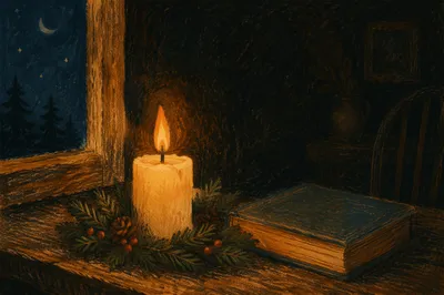 Burning Candle with Evergreen Faith at Night