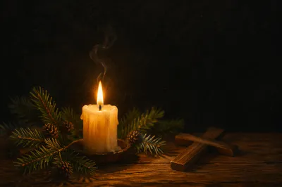 Burning Candle with Evergreen Faith Cross