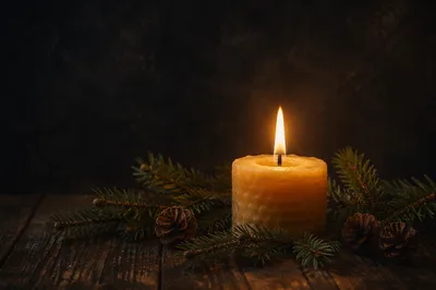 Burning Candle with Evergreen in Darkness