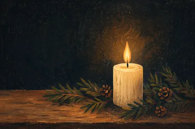Burning Candle with Evergreen Winter Stillness