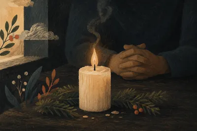 Burning Ivory Candle with Evergreen Quiet Reflection