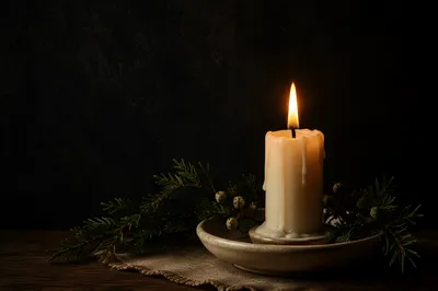 Burning Ivory Candle with Evergreen Sprigs