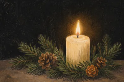 Burning Candle with Evergreen in Darkness