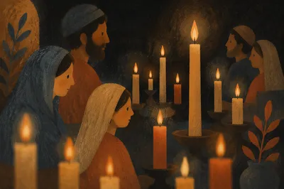 Burning Candles in Dark Faithful Stillness