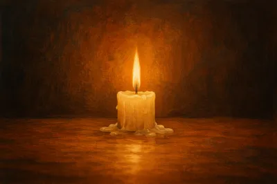 Burning Candle in Dark Faithful Stillness