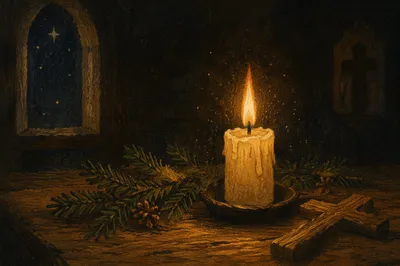 Burning Candle Prayer with Evergreen Cross