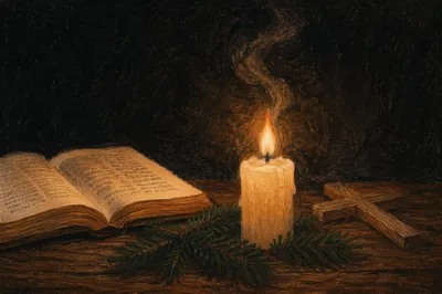 Burning Beeswax Candle with Evergreen Faith