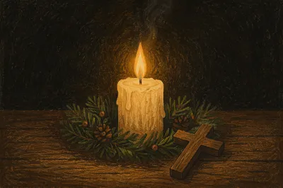 Burning Candle with Evergreen Wreath and Cross