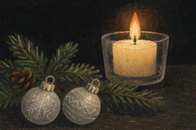 Burning Candle with Evergreen and Silver Ornaments