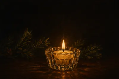 Burning Candle with Evergreen in Quiet Faith