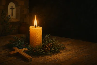 Burning Candle Beside Evergreen Faith Cross