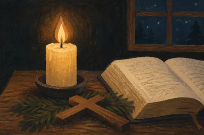 Burning Candle with Cross and Evergreen