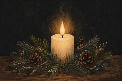 Ivory Candle Flame with Evergreen Wreath