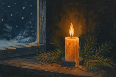 Burning Beeswax Candle with Evergreen Sprigs