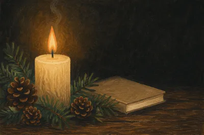 Burning Candle with Evergreens in Quiet Faith