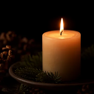 Burning Candle with Evergreen in Quiet Darkness