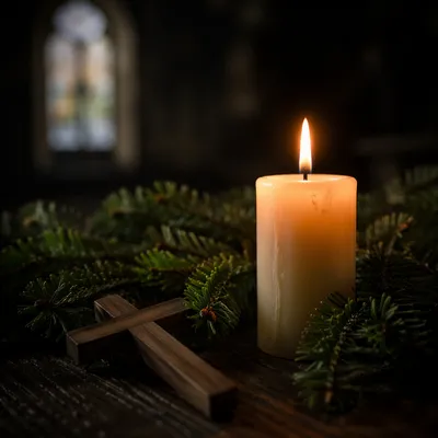 Evergreen Candlelight with Wooden Cross