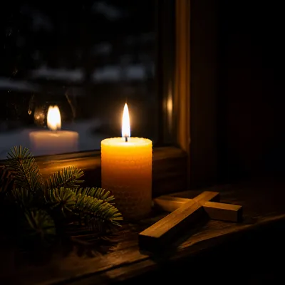 Burning Candle with Evergreen and Wooden Cross