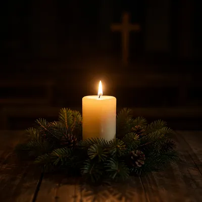 Burning Candle with Evergreen Prayer Stillness