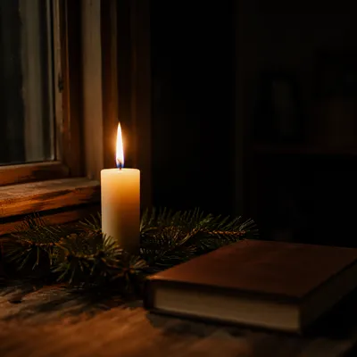 Burning Candle with Evergreen Faith Still Life