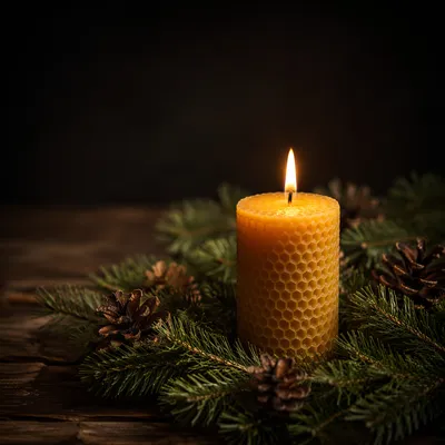 Burning Beeswax Candle with Evergreen Reflection
