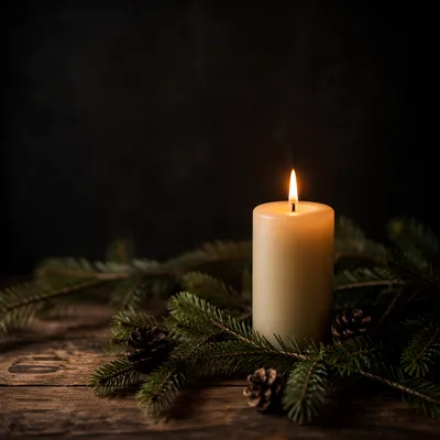Burning Candle with Evergreen in Quiet Faith