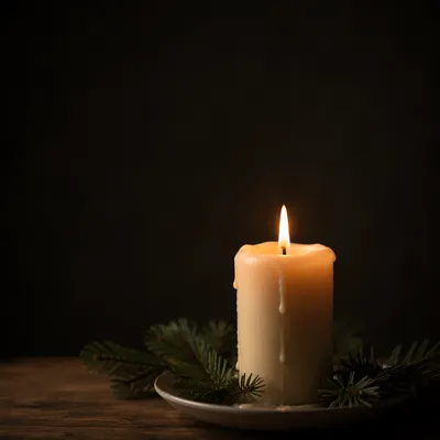 Burning Ivory Candle with Evergreen Sprigs
