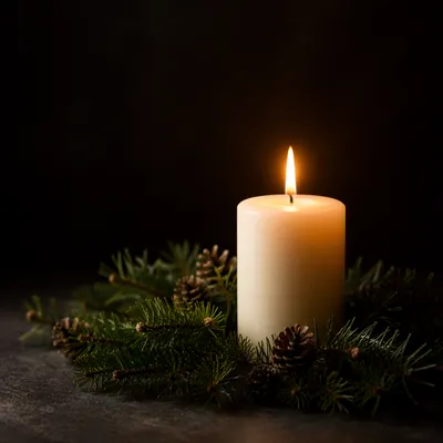 Burning Candle with Evergreen in Darkness