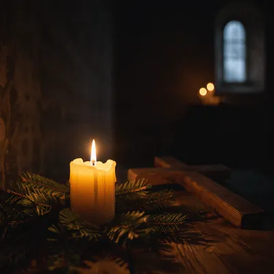 Burning Candle Prayer with Evergreen Cross