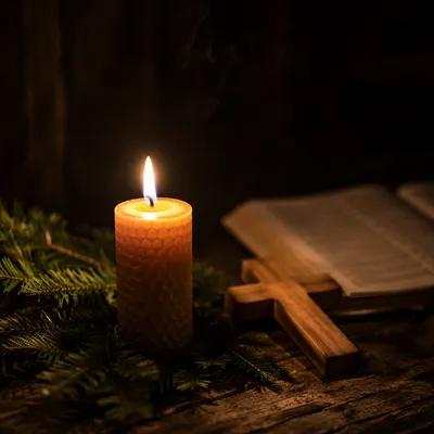Burning Candle of Faith in Winter Darkness