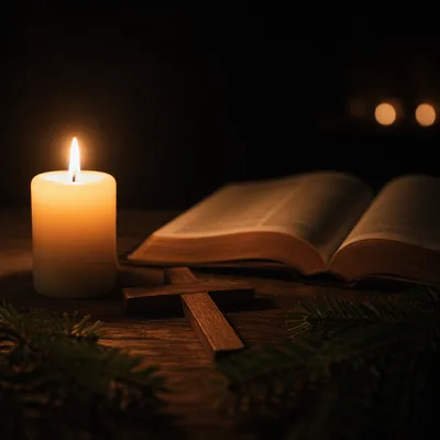 Candlelit Prayer with Cross and Evergreen