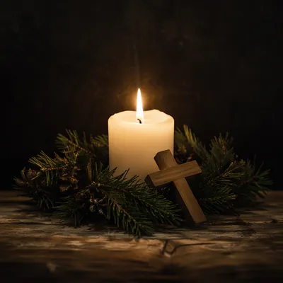 Burning Candle with Evergreen Wreath and Cross