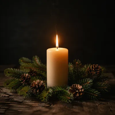 Burning Candle with Evergreen in Darkness