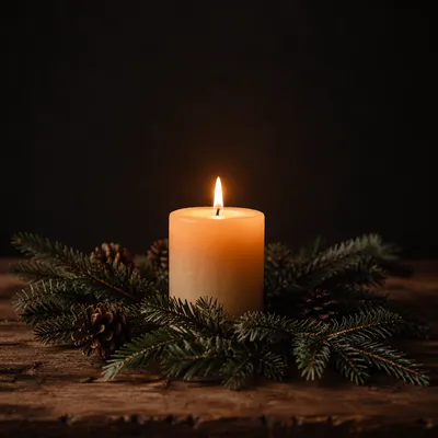 Burning Candle with Evergreen in Quiet Faith