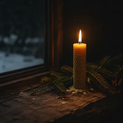 Burning Beeswax Candle with Evergreen Sprigs