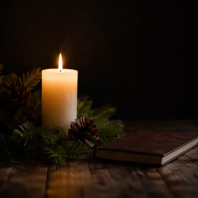 Burning Candle with Evergreen Faith Still Life