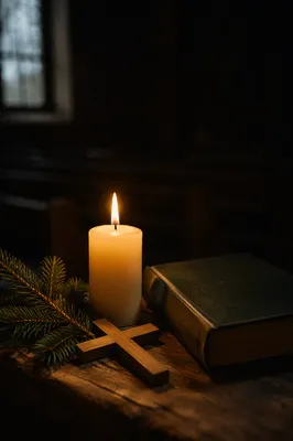 Burning Candle and Cross in Quiet Chapel