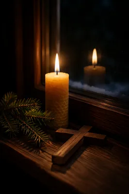Burning Candle of Faith in Winter Night