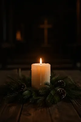 Burning Candle with Evergreen Prayer Stillness