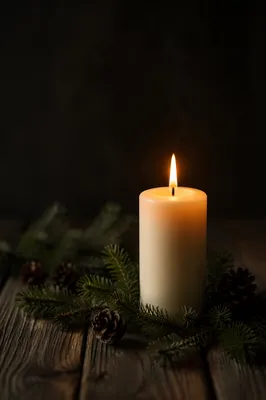 Burning Candle with Evergreen in Quiet Faith
