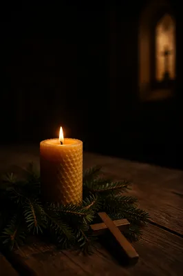 Burning Beeswax Candle with Evergreen Faith Cross